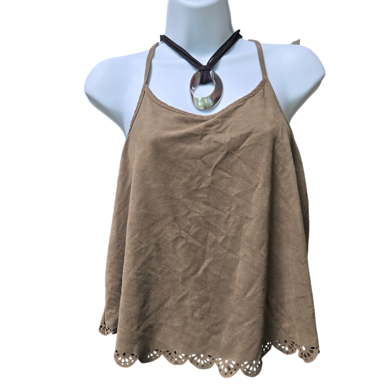 Rue 21 Women Y2k Boho Festival Western Faux Suede Scallop Hem Open Back Top Xs